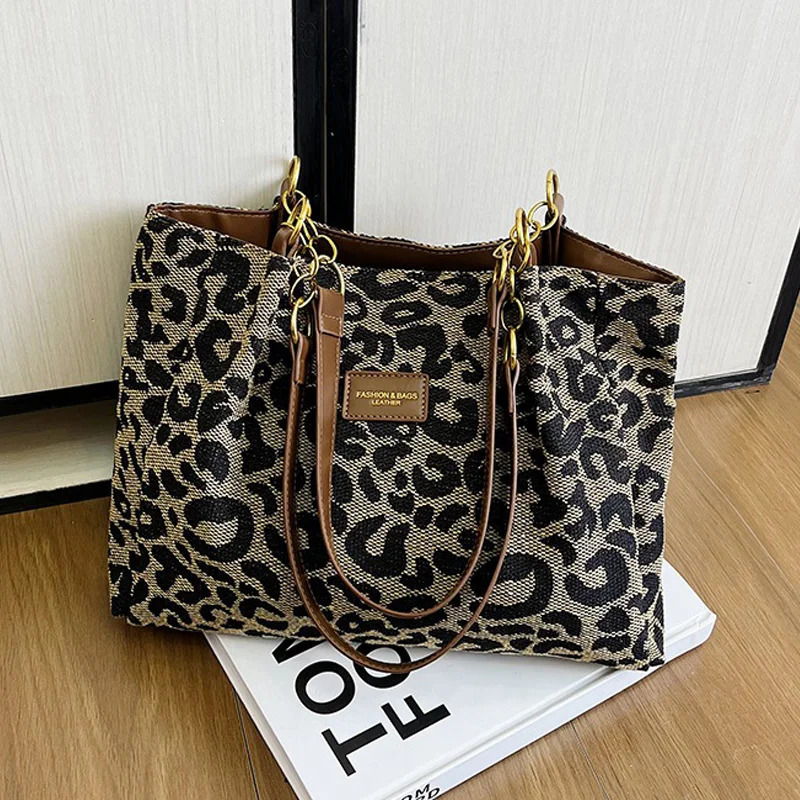 Vintage Womens Shoulder Bags Leopard Print Zipper Handbags Daily Commuting Casual Tote Bag 251029