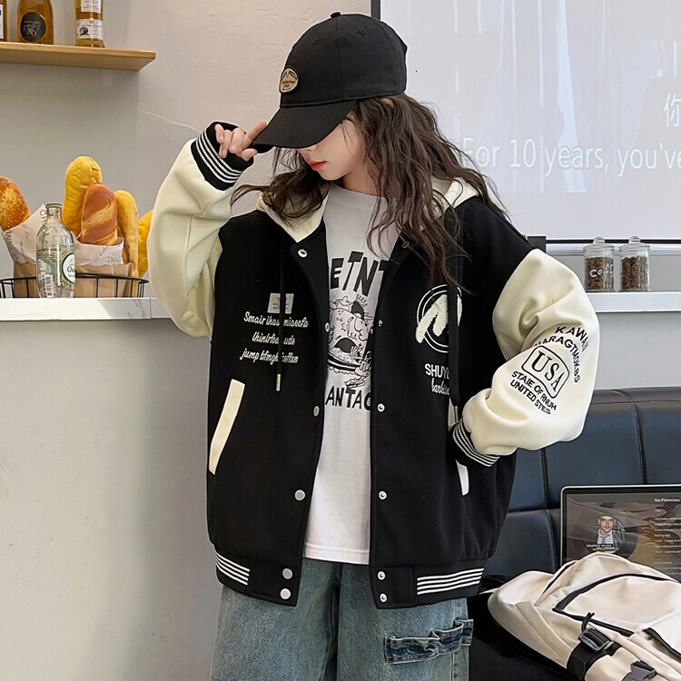 Girl designer fashionable autumn and winter jacket new Korean version loose letter color blocked hooded baseball jacket hoodie