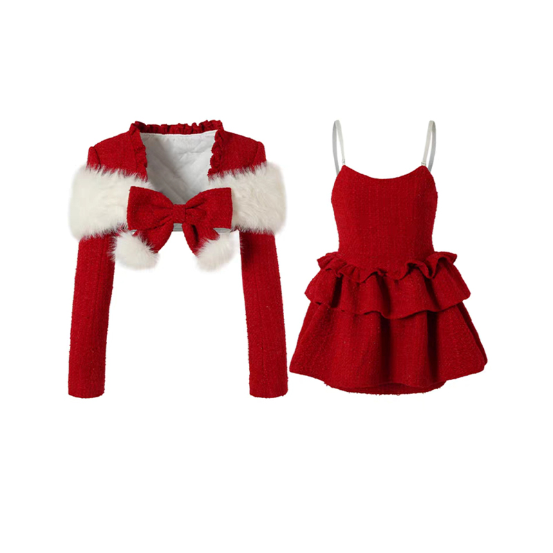 Prom Dresses Women's Red Christmas Two-Piece Set, Faux Fur Trim Bow Jacket & Ruffled Cami Dress, Festive Party & Holiday Outfit YJY0007