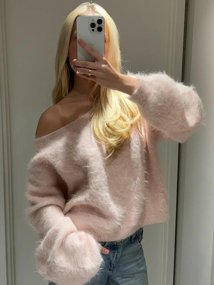 Women Solid Off Shoulder Pullover Fashion Classic Full Sleeve Loose Knitted Mohair Knitwear Lady High Street Autumn Sweaters 251029
