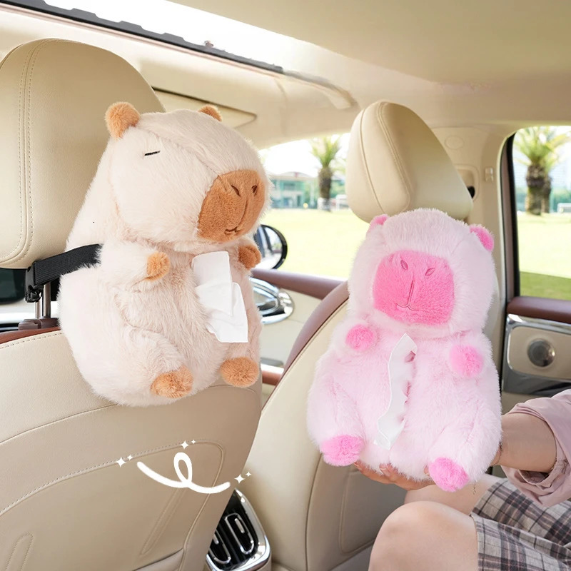 Car Tissue Boxes Capybara Plush Accessories Car Backseat Hanging Tissue Bag Box Plush Holder Cover Auto Toys Interior Decoration 251029