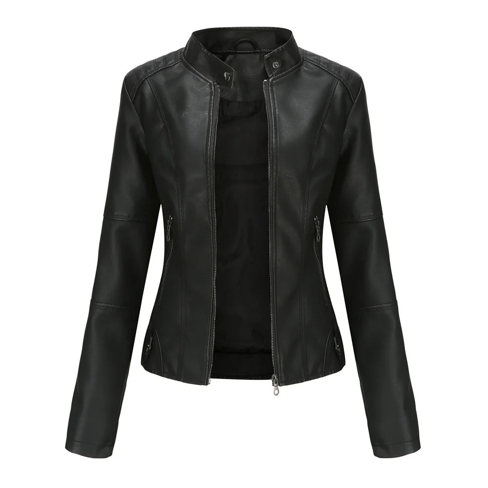 Womens Slim Fit Leather Jacket with Motorcycle Suit Large Standing Collar Autumn Black zipper outdoor leather top 251029