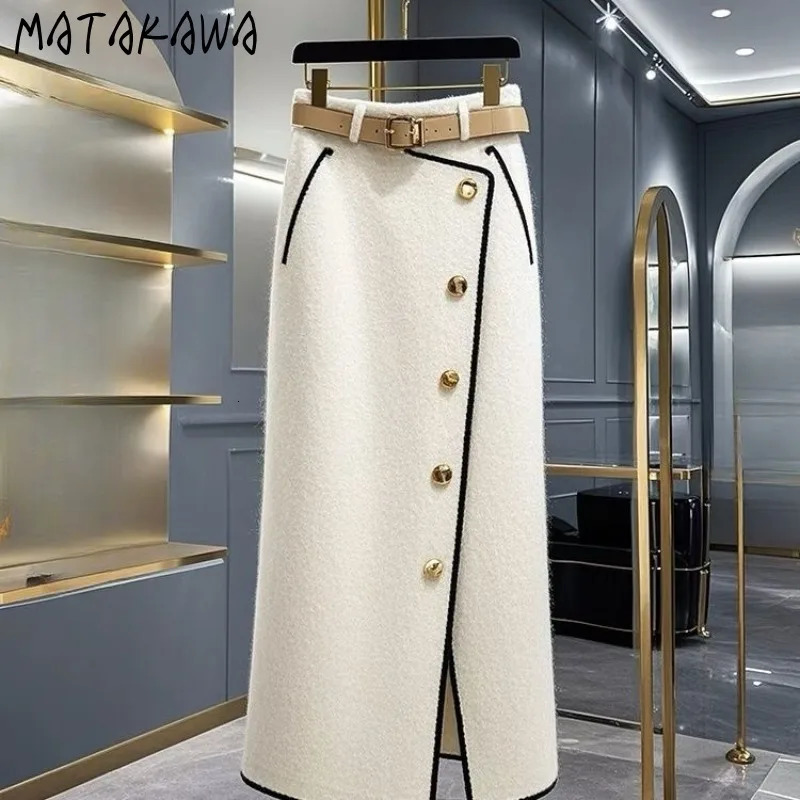 Matakawa Spring Autumn Women Skirts Contrast Color Korean Fashion Chic Faldas Mujer Aline Elegant Simple Sweet Long Skirt 251028