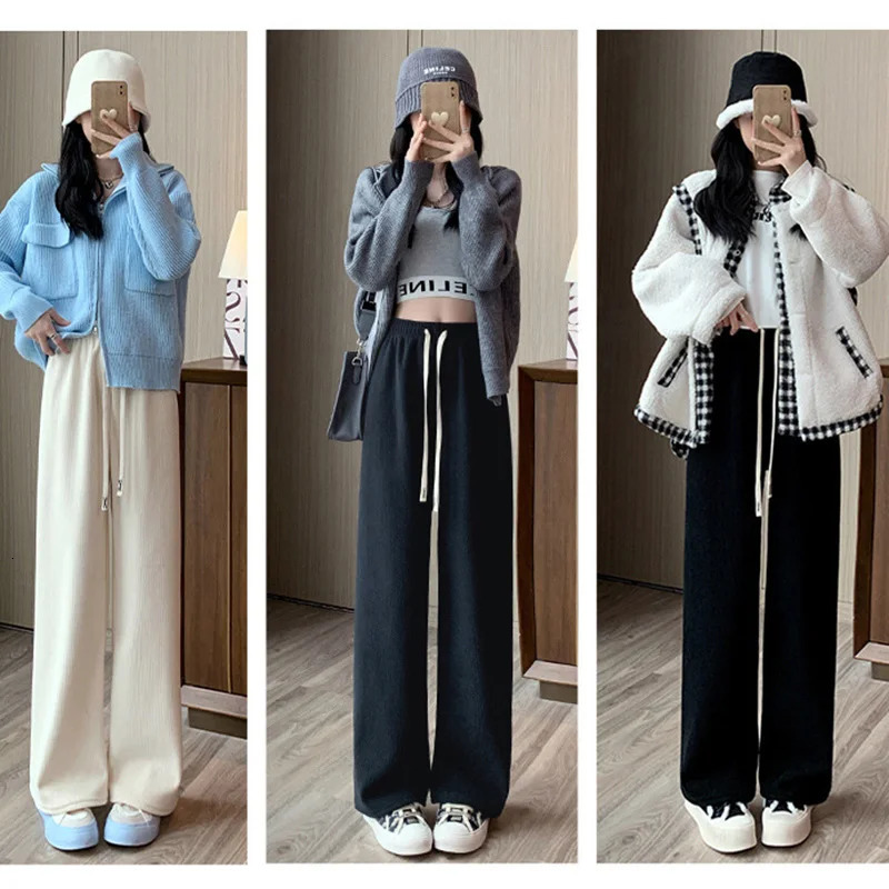 Winter Women Fleece Wide Leg Long Pants Thicken Warm Stright Elastic Waist Trousers Casual Loose Female Botton 251029