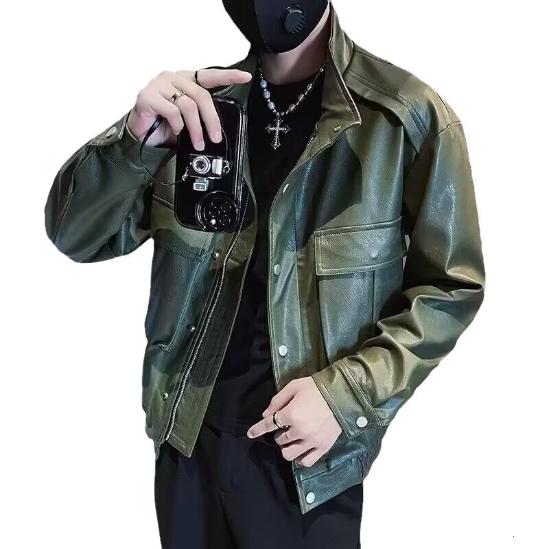 Men's Leather Jacket Spring Autumn 2025 New Slim Fit Versatile Designer Jacket Trendy Cool Motorcycle Short Workwear Casual Leather Jacket