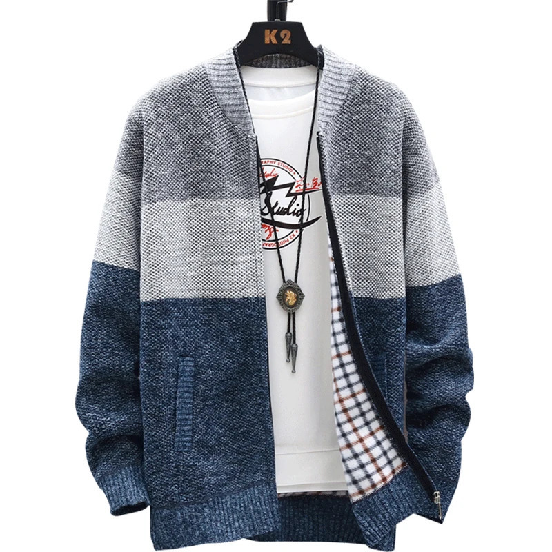 Autumn Winter Cardigan Sweater Men Fleece Zipper Sweaters Velvet Contrast Striped Sweater Coats Casual Jackets 251029
