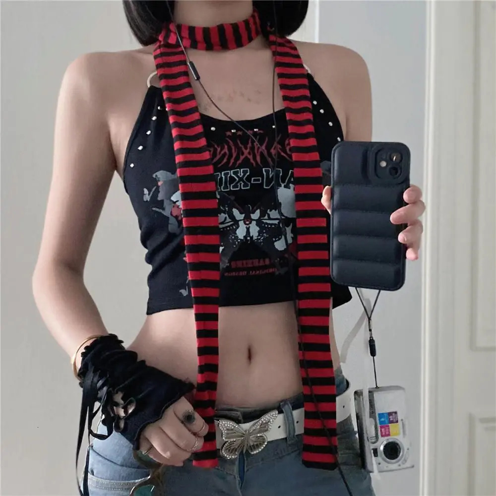 Women Harajuku Cotton Scarves Y2k Black Grey Stripe Long Scarves 180cm Thin Long Decorative Neckerchief Fashion Streetwear 251029
