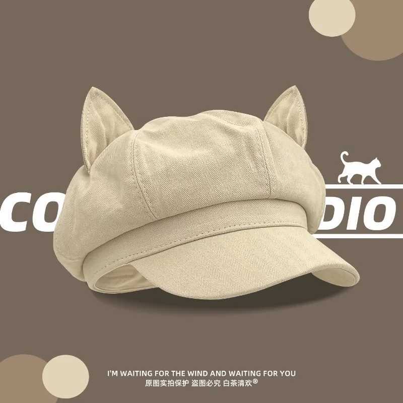 Korean Version Simple Spring and Autumn New Cat Ears Newsboy Cap Spring and Autumn Niche Fashion Short Brim Sunshade Painter Hat