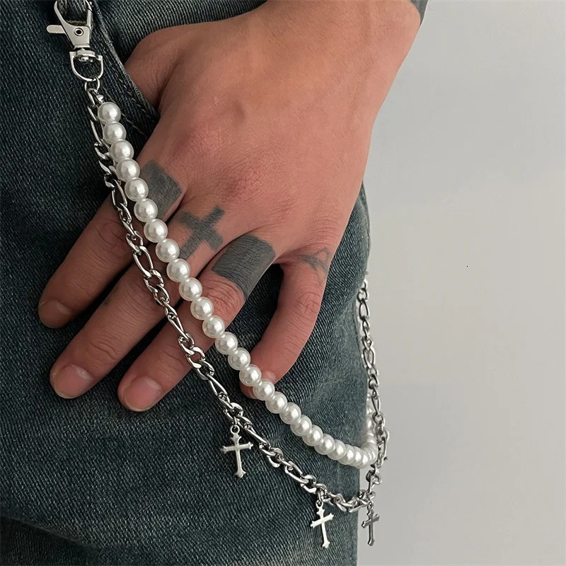 Vintage Punk Pearl Cross Pants Waist Chain Men Cool Jeans Keychain Wallet KeyChains Gothic Biker Accessories 251021