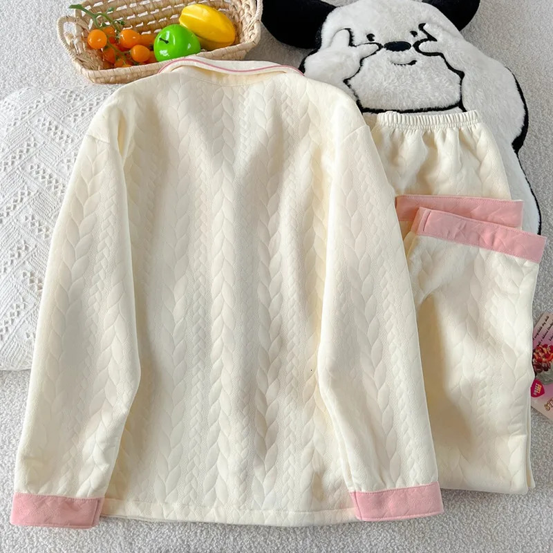 Embroidery Letter Fashion Womens Pajamas Set Autumn Winter Casual Soft Sweet Loungewear Lapel Neck HomeWear Suit 251029