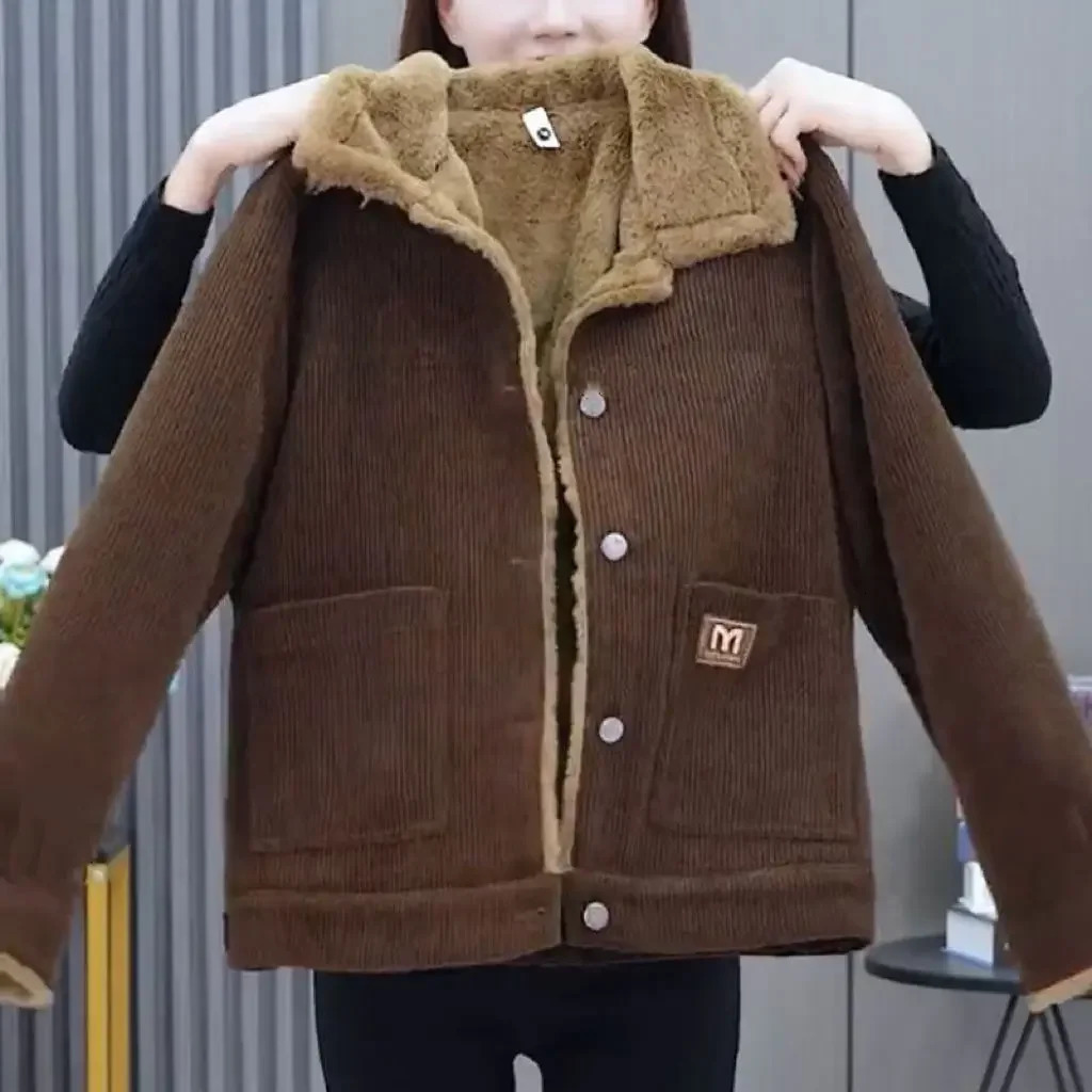 Plus Size Autumn Winter Thickened Corduroy Womens Short Coat Warm Fashion Slimming Loose Long Sleeve Jacket Stylish AntiAging 251029