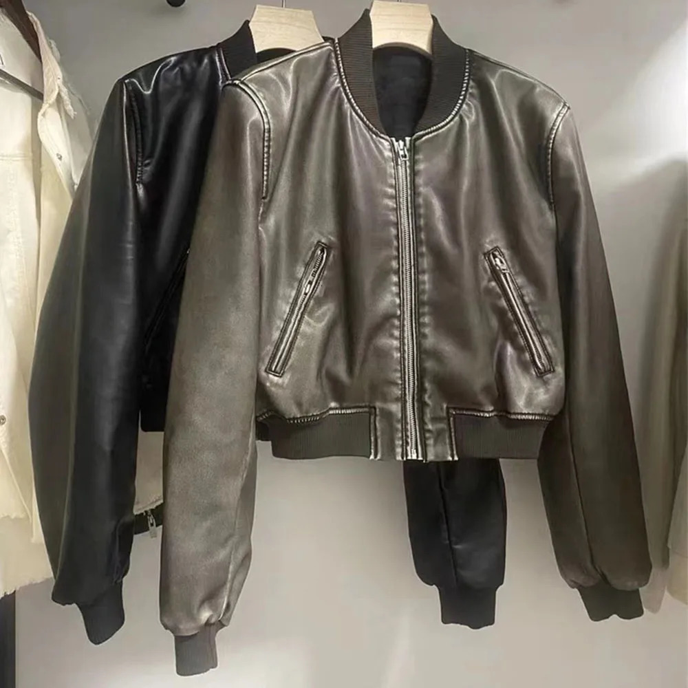 Autumn and winter leather solid color short coat retro style short zipper cardigan casual all match leather jacket female 251029
