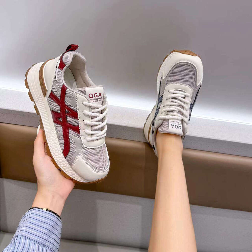 Genuine Leather Dad Shoes for Women 2025 Autumn New Breathable Mesh Versatile Lightweight Sports Casual Height-Increasing Sneakers