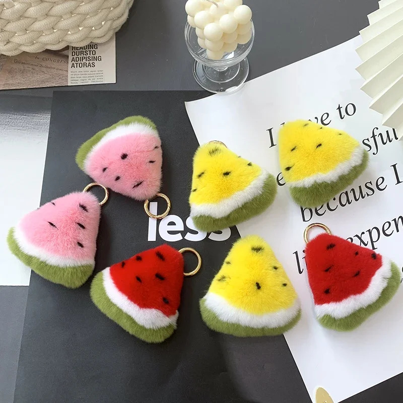 Cute Fluffy Rex Rabbit Fur Keychain Fruit Watermelon Toy Real Fur Ball Pendant Metal Car Key Ring Bag Charm Women Trinket 251029