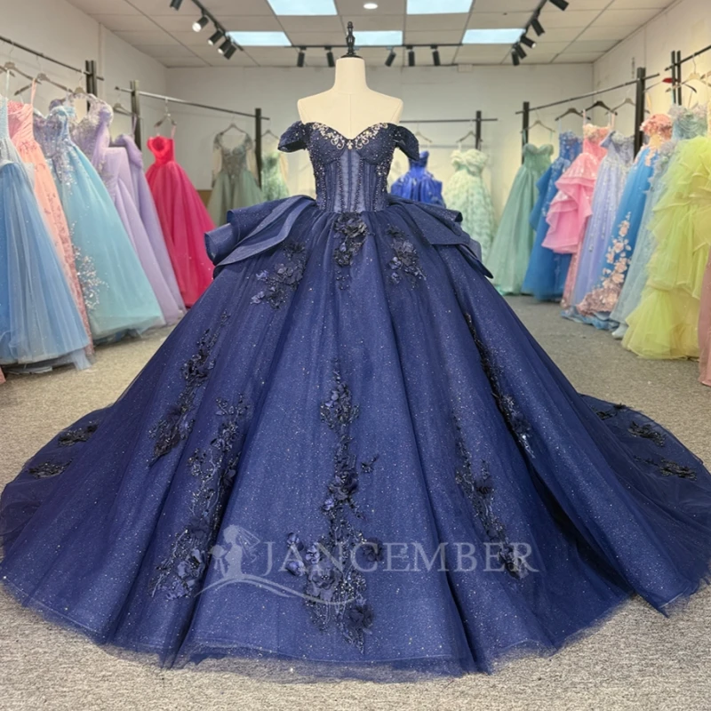 Navy Blue Shiny Ball Gown Quinceanera Dresses Off The Shoulder Applique Flower Beading Crystal Corset Tull Party Birthday Sweet 16 Dress