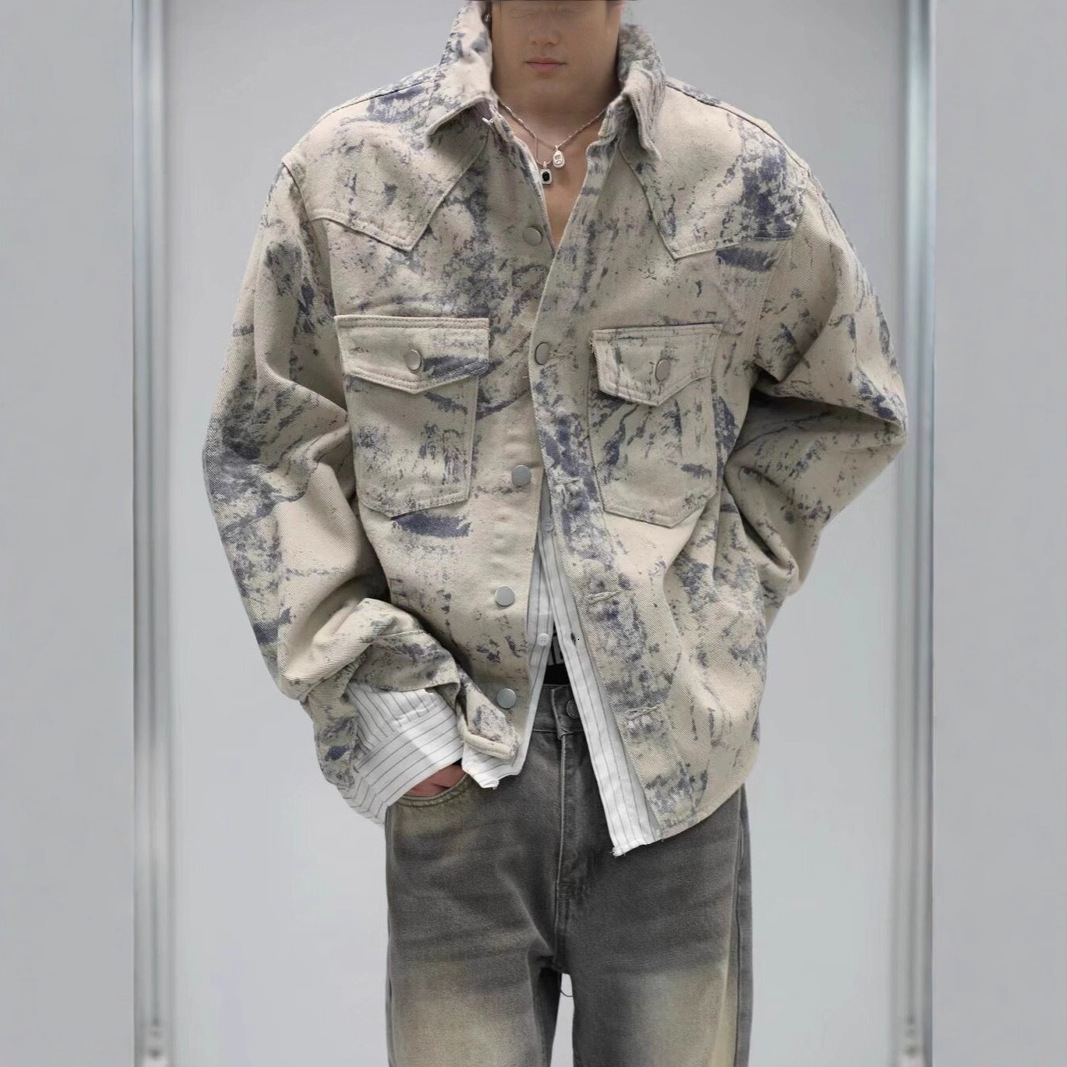 Tie-dye Lapel Denim Jacket For Men Spring And Autumn High-end Feel Stylish American High Street Niche Designer Jacket Lazy Style Top