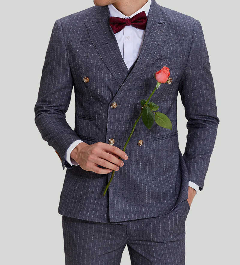 Classic Stripe Men Suit 2 Pieces Jacket Pants Double Breasted Peak Lapel Slim Fit Male Clothing Formal Occasion Business Customized
