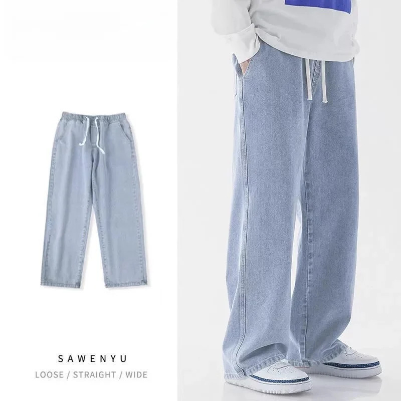 Casual Outdoor Mens Jeans Elastic Waist Loose Fit Long Pants Spring Autumn Workwear Comfortable Straight Leg Blue Denim 251029