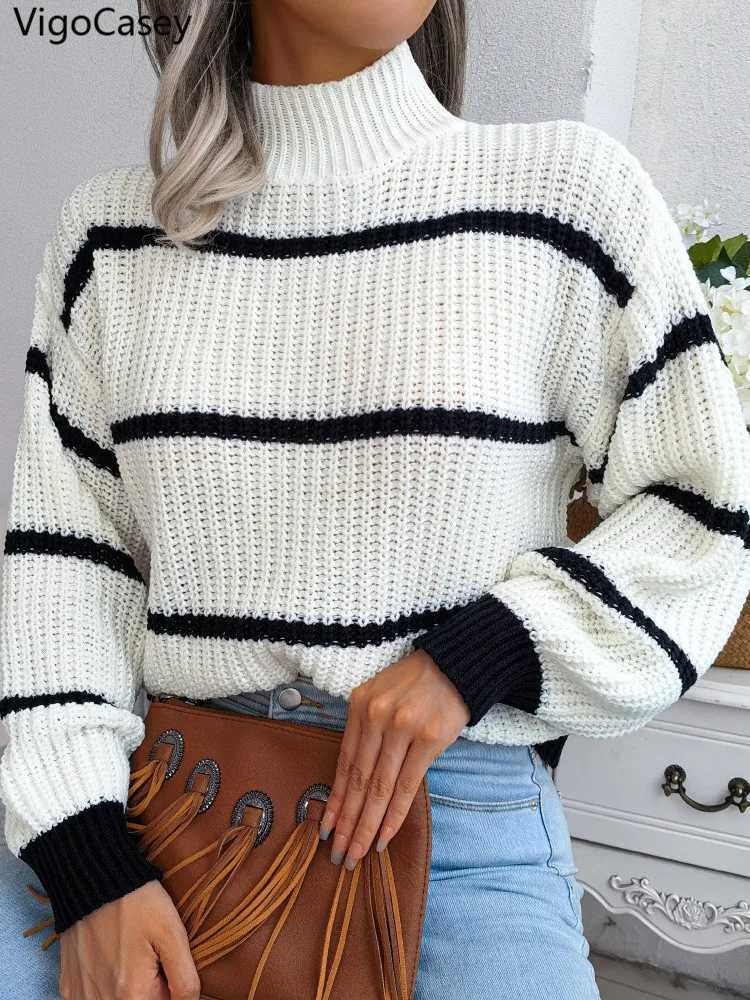 VigoCasey 2025 Winter High Collar Stripe Knitted Sweater Women Casual Loose Pullover Autumn Lady Lantern Long Sleeve Warm Jumper J251029