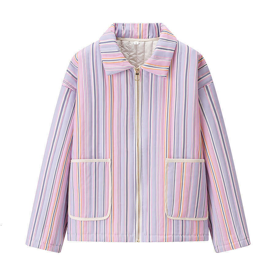 European style new women's fashion versatile temperament striped print lapel long sleeve loose cotton coat