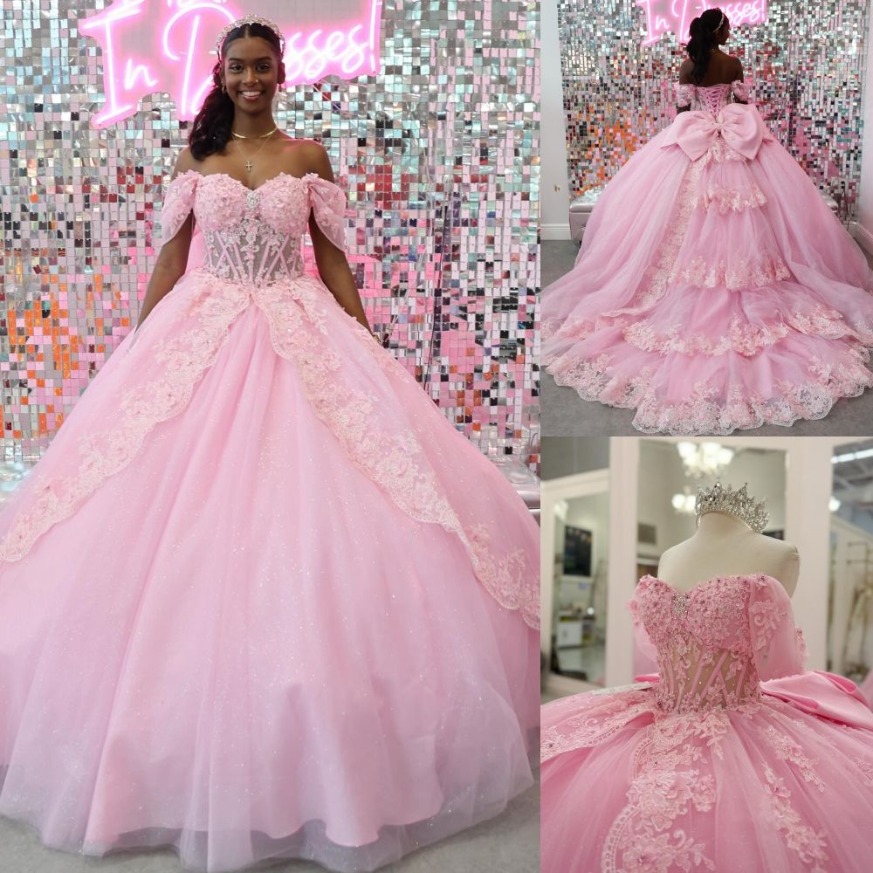 Glitter Pink Quinceanera Dress Sheer Corset Mexican Quince Sweet 15/16 Birthday Party Ball Gown Girl Drama Gala Off-Shoulder Pannier-Inspired Gathered