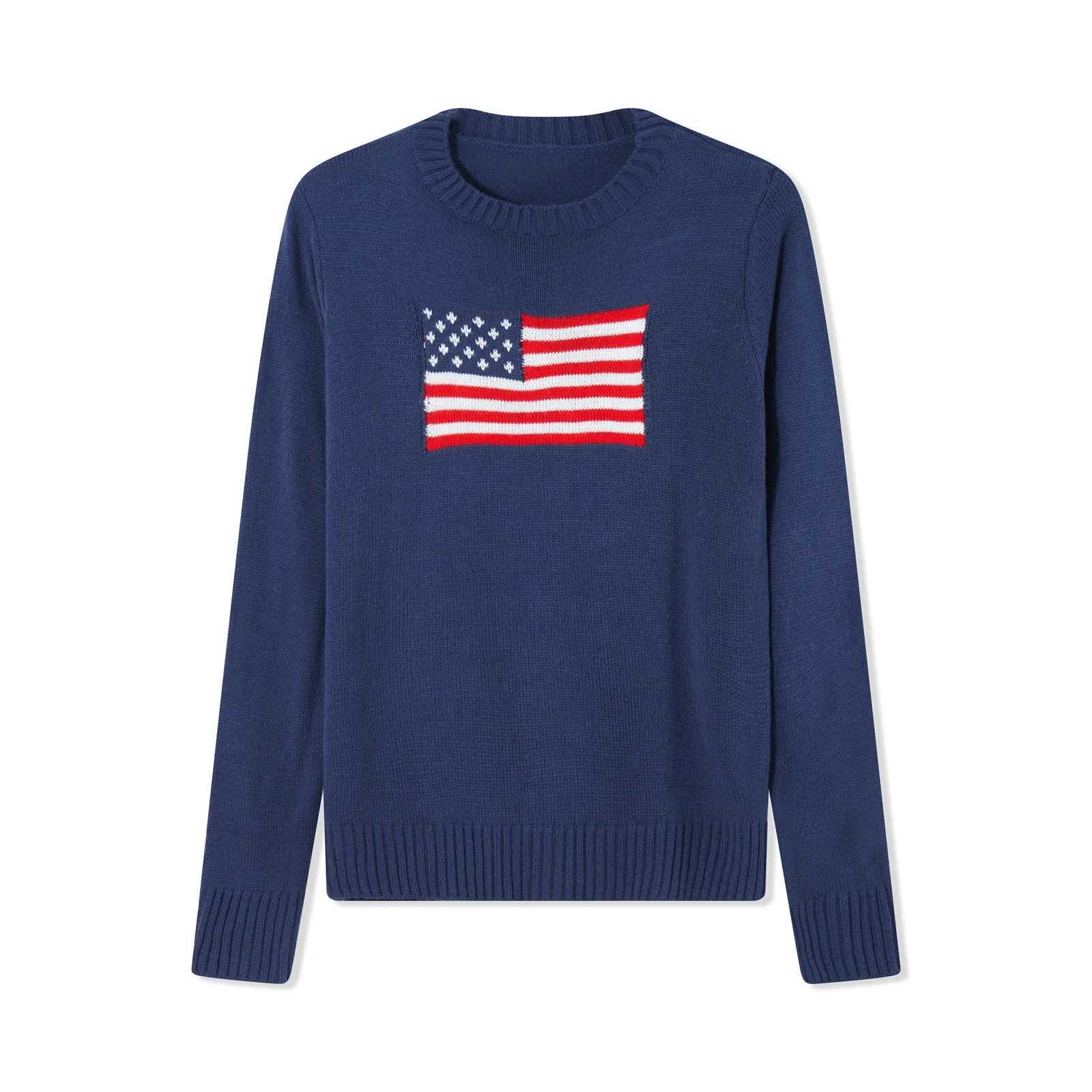 Y2K Vintage Loose Sweaters Long Sleeve Round Neck American Flag 90s Harajuku Pullovers Knitwear Winter Fall Streetwear J251029