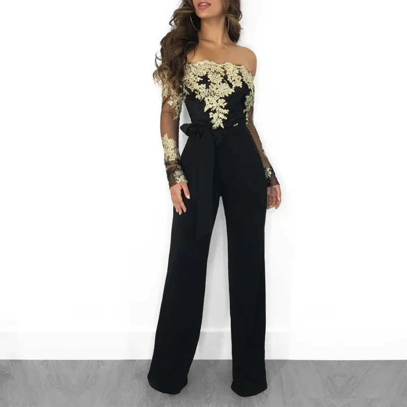 Appliques Lace Patchwork Jumpsuit Women Sexy Off Shoulder Slash Neck Long Sleeve Elegant Wide Leg Pants Party Overalls 251029