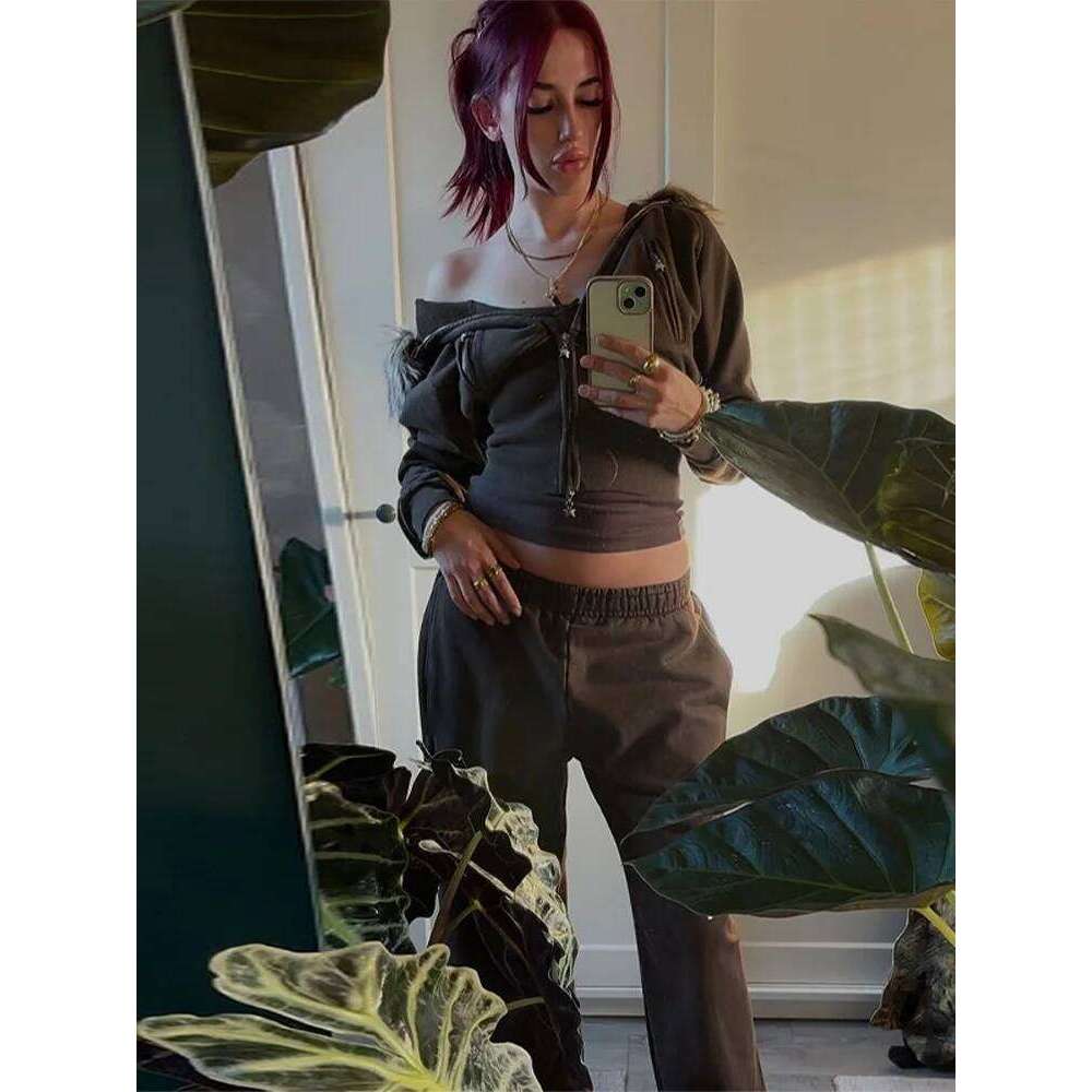 Fashion Solid Feather Hooded Short Jacket Women Zipper Pockets Full Sleeve Waist-closed Coat 2025 Autumn Lady New Street Outwear