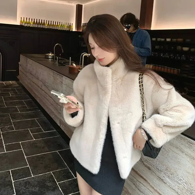 Spring Autumn Lady Short Leather Fur Outwear Women Fashion Stand Collar Mink Fur Top Female Long Sleeves Fox Jacket 251029
