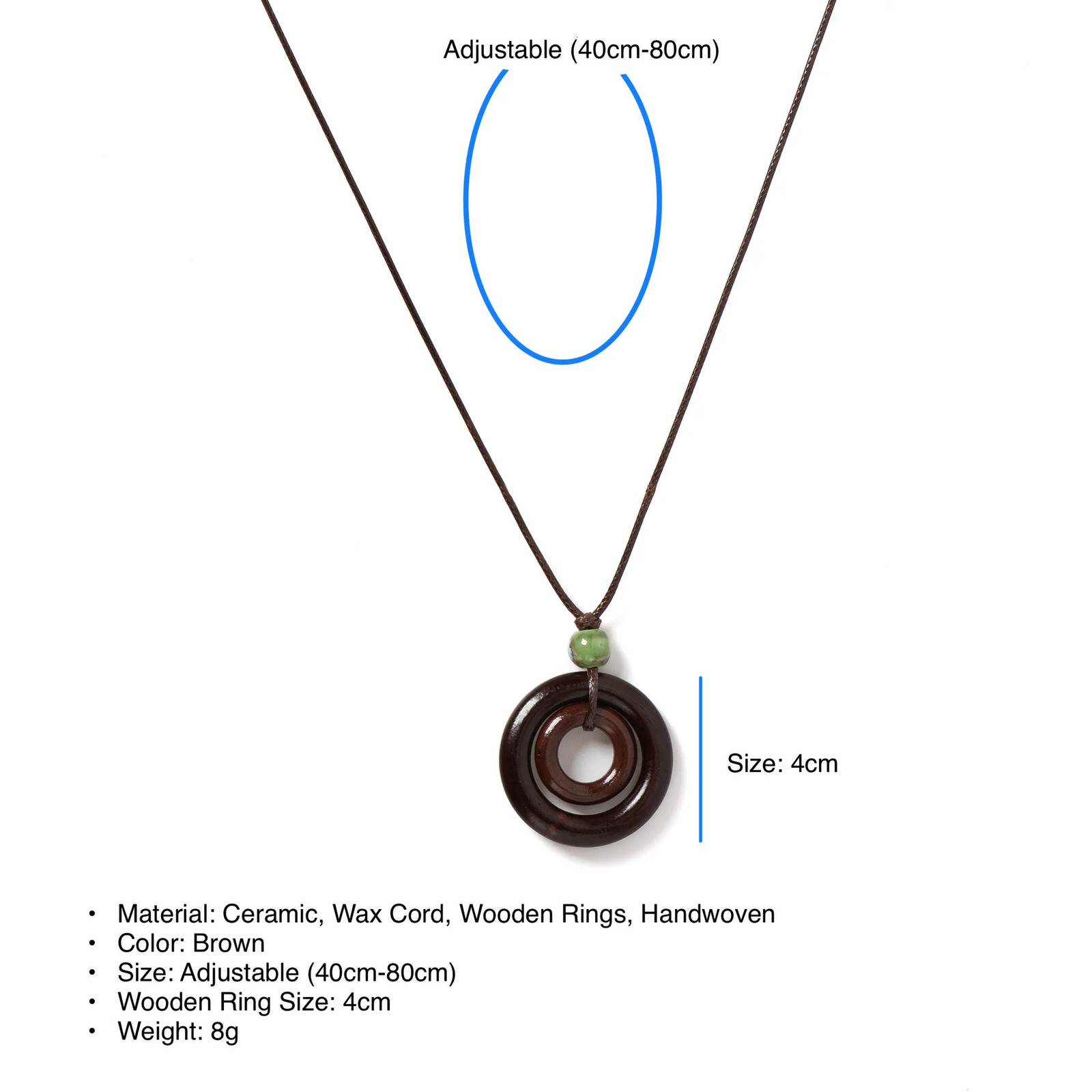 Handmade Wooden Circle Ceramic Pendant Necklace Adjustable Cord Unique Bohemian Jewelry for Men and Women 1 Piece S001160 251029
