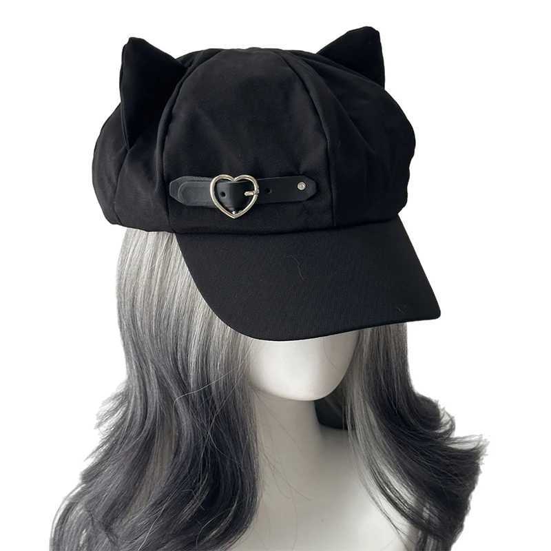 Womens Cats Ears Harajuku Gothic Lolita Beret Y2K Girls Steampunk Punk Zipper Handmade Sun Hat Cap