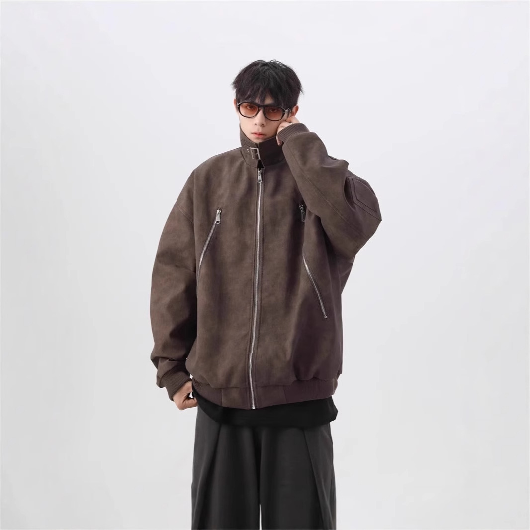 American High Street Unisex Vintage Motorcycle Stand Collar Leather Jacket Men Vintage Designer Jacket Stand Collar Zipper Design Coat