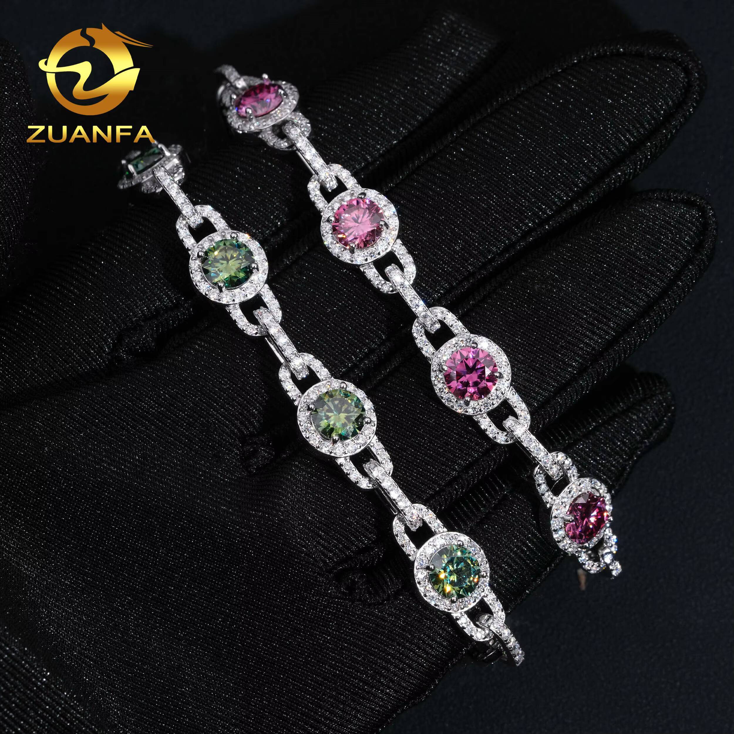 Hip Hop Jewelry 65mm Pink and Blue Green Moissanite Iced Out Cuban Link Bracelet 925 Silver Color Moissanite Bracelet