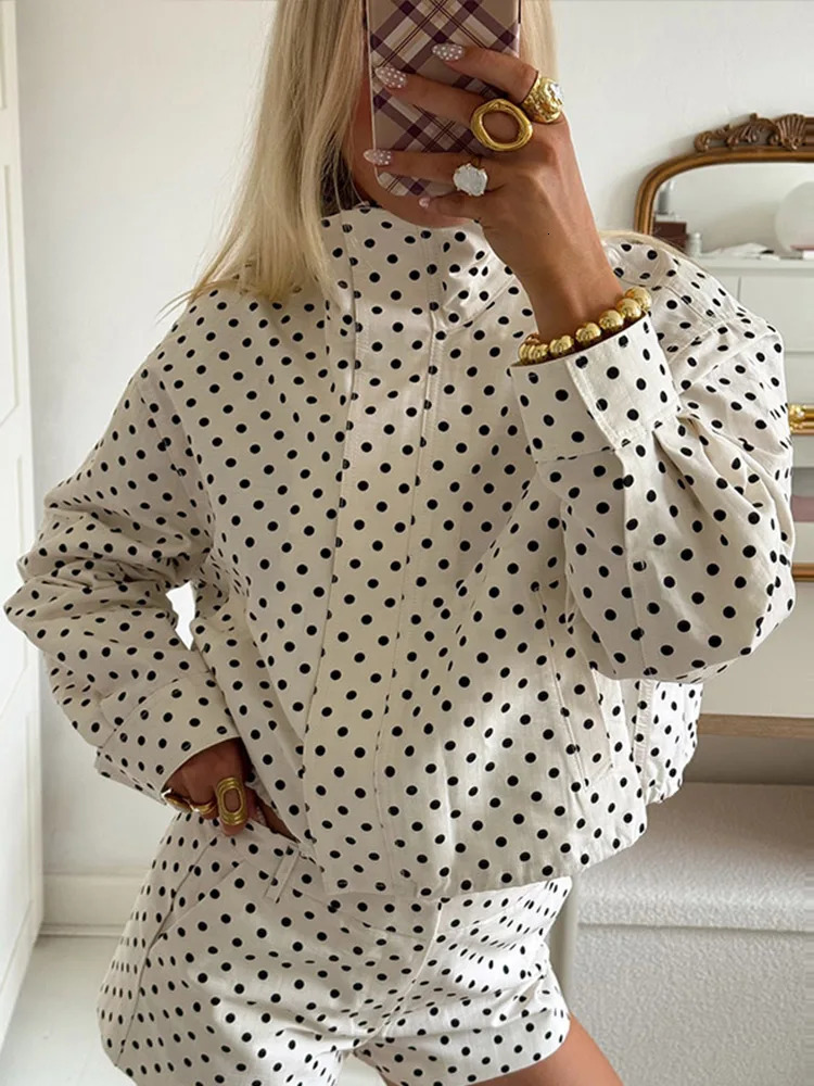 Polka Dot Print Shorts Loose High Neck Long Sleeves Zipper Drawstring Sets Female Autumn Chic Set 251029