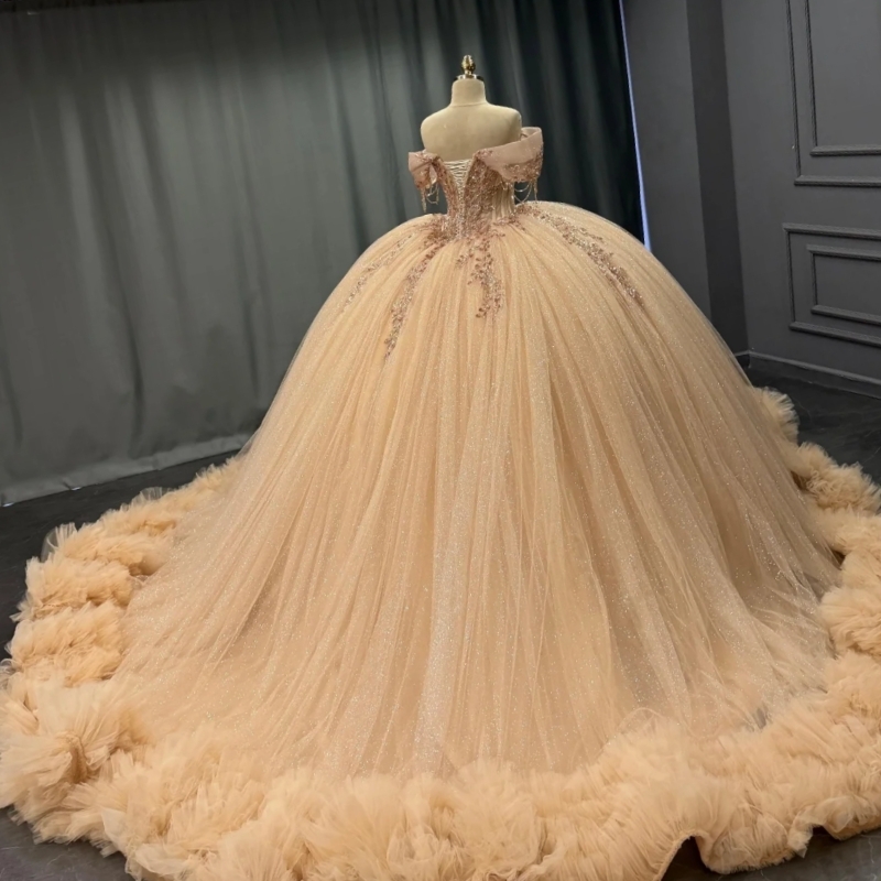 Champagne Shiny Quinceanera Dresses Off The Shoulder Applique Lace Beading Tiered Tull Party Birthday Sweet 16 Dress Vestidos 15 de anos