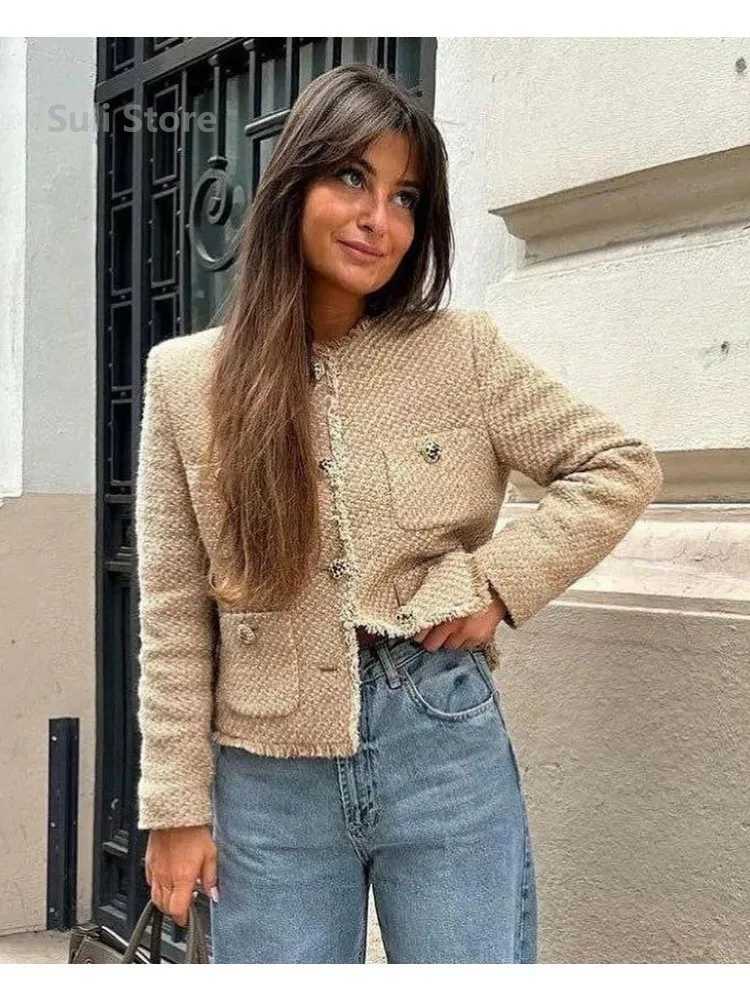 Chic Female Tweed Basic Jacket Coat Women Clothing Woolen Outerwear Long Sleeve Front Button Female Outerwear Chic Tops Y251105