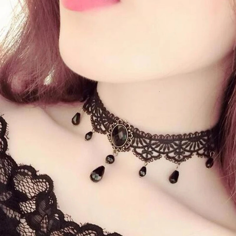 Sexy Gothic Chokers Crystal Black Lace Neck Choker Necklace Vintage Victorian Women Chocker Steampunk Jewelry 251029