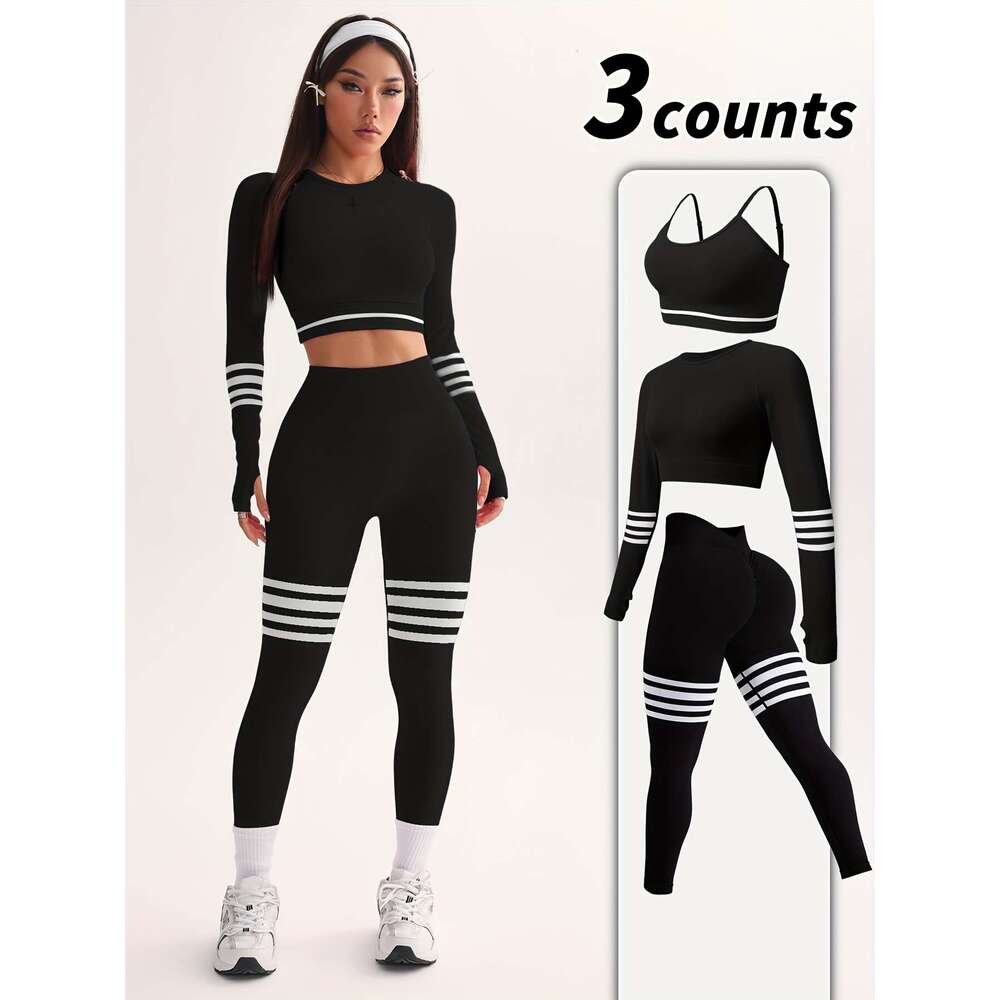 Three-Piece Set Women's Seamless Striped Color Block Sports Bra Long Sleeve Pants High Elasticity Light Beige-Friendly Moisture-Wicking Quick-Dry