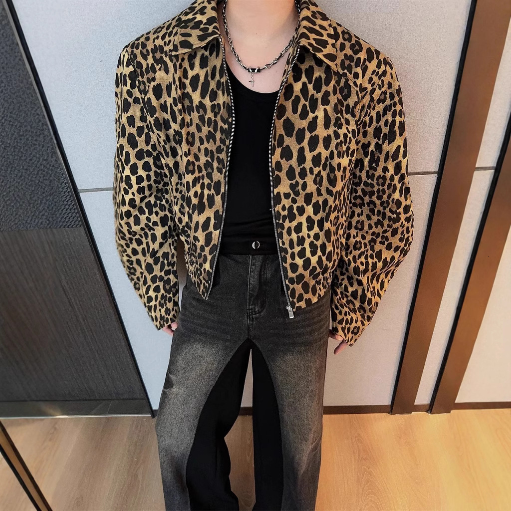 American Style Leopard Print Jacket For Men Spring And Autumn, High-end Feel Cool Short Jacket Trendy Brand Designer Jacket High Street Vibe Style Jac