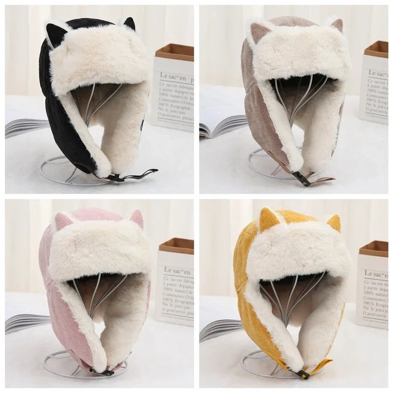 Women Warm Earmuffs Thicken Ear Flapped Hat Winter Cold Proof Warm Cotton Hat Cat Ears Cap Winter Russian Caps 251029