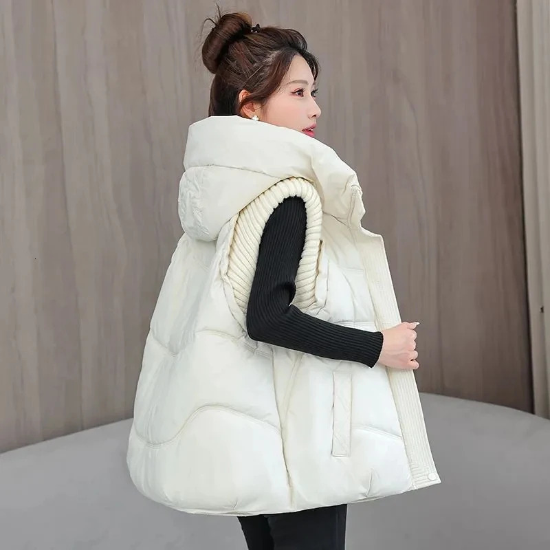 Down Cotton Vest Women Autumn Winter Knitted Stitching Hooded Sleeveless Casual Cottonpadded Jacket Waistcoat Ladies Tops 251027