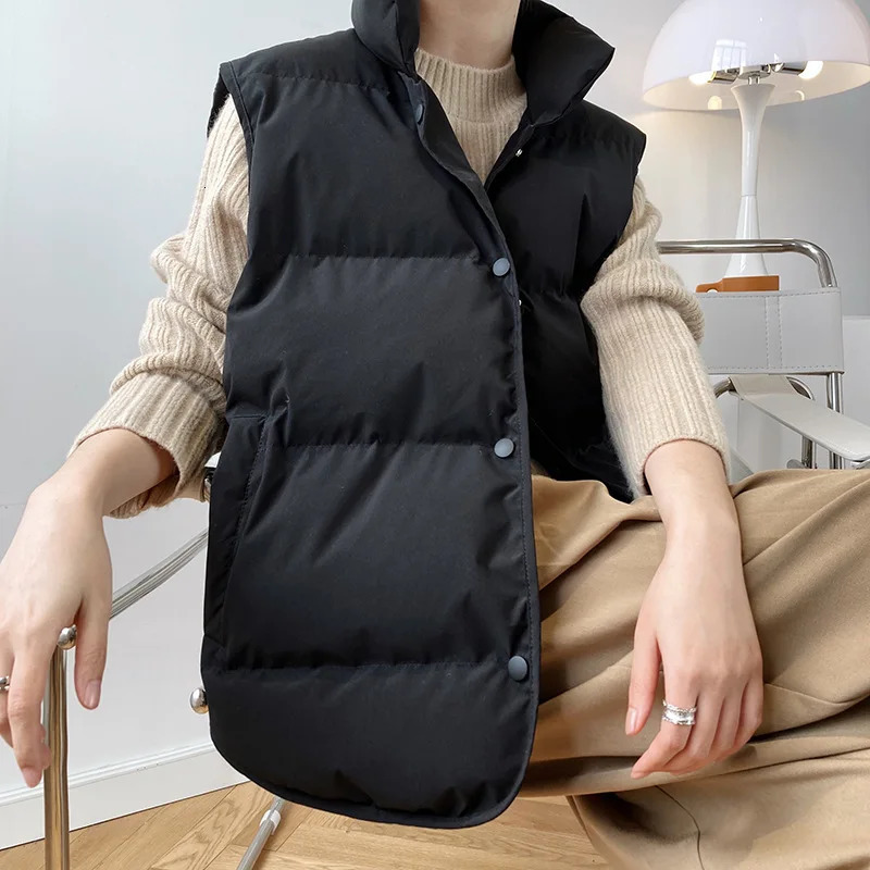 2025 Women Vest Coat Stand Collar Winter Women Warm Coat Oversize Tops Beige Vest Chaleco Mujer Gilet Casaco Feminino 251029