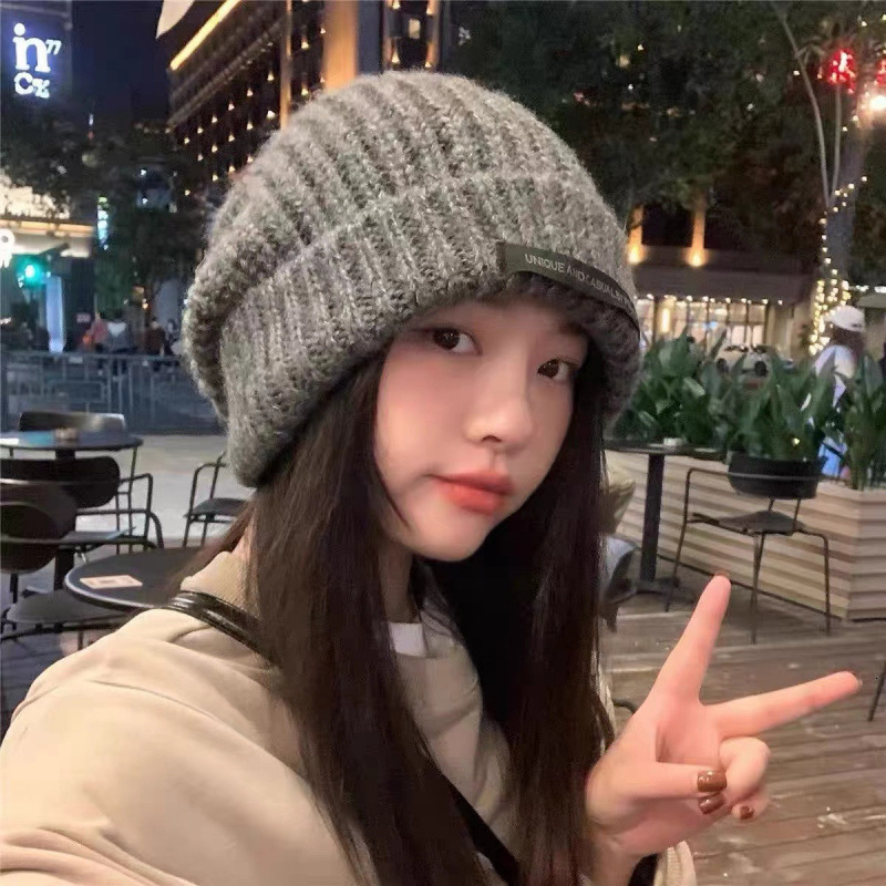 for Women Korean Style Autumn Winter Knitted Student Woolen Face Slimming Warm Pile Internet Celebrity Ear Protection Hat