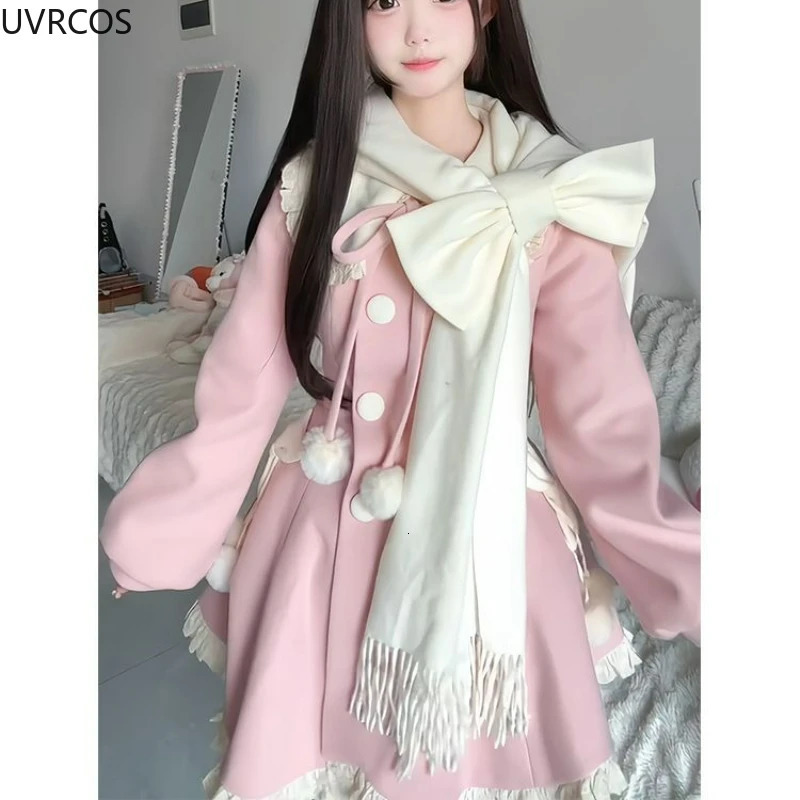Japanese Kawaii Cute Woolen Coat Women Sweet Ruffles Peter Pan Collar Slim Cotton Bow Scarf Jacket Female Winter Parkas Coats 251029