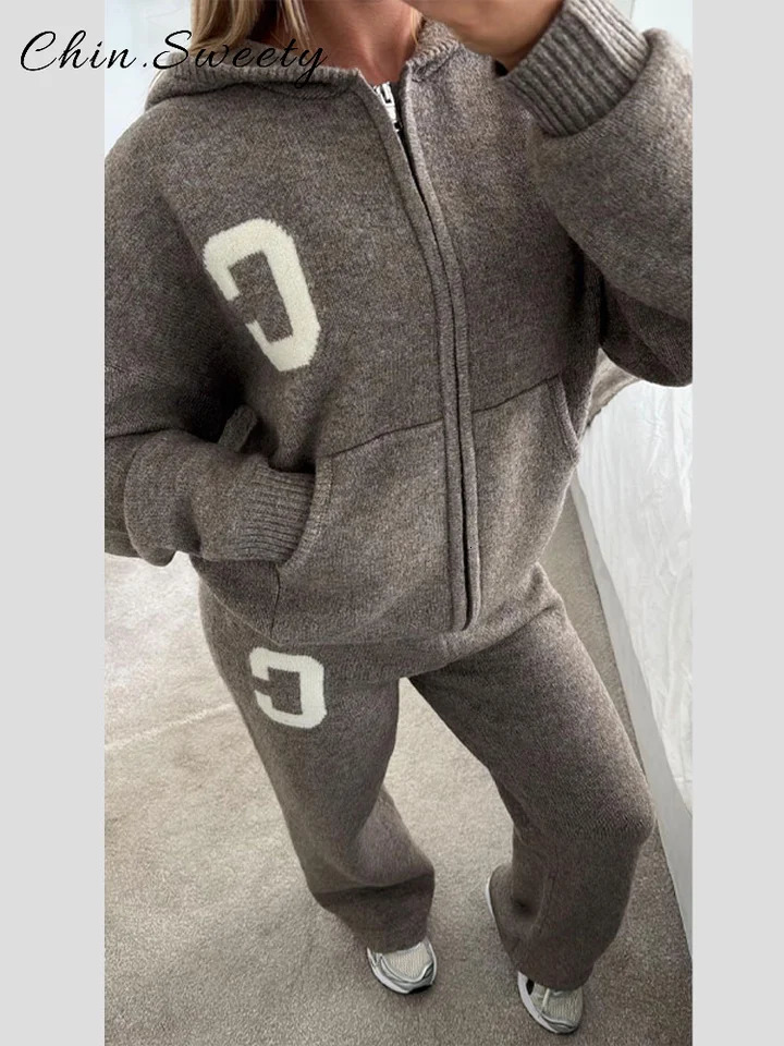 Casual Womens Knitted Hooded Tracksuit Sets Loose Full Sleeve Zipper Pockets Jacket Straight Pants Autumn Winter Lady Suit 251028