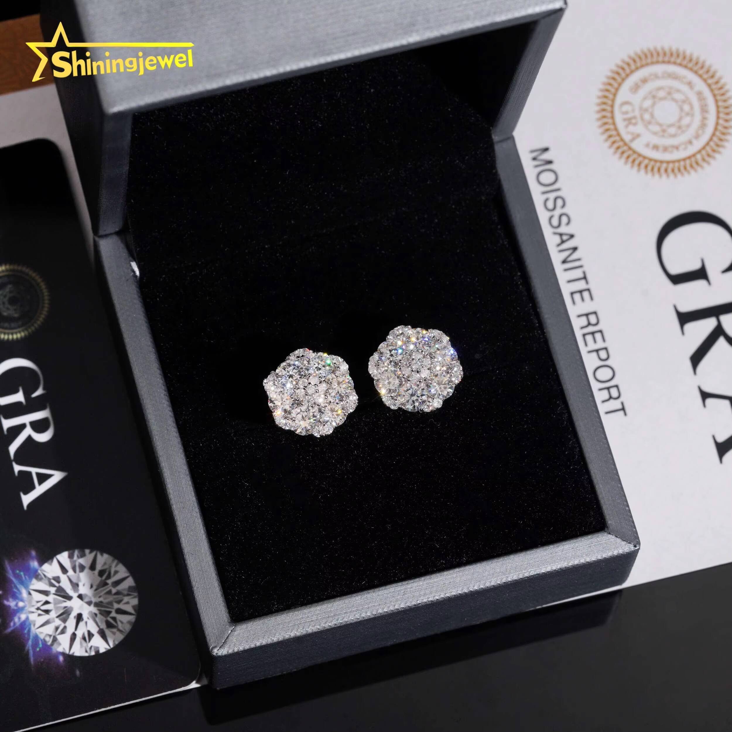 Wholesale Moissanite High Quality 925 Sterling Silver Hip Hop Stud Earrings Iced Out Diamond Mens and Women Flower Earrings