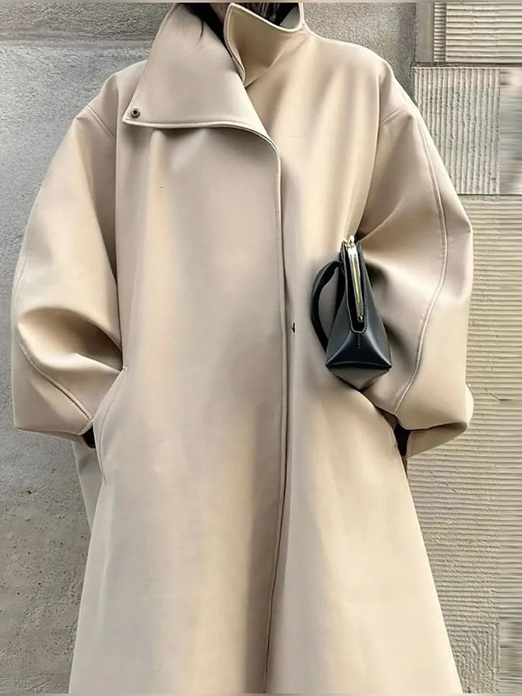 Chic Stand Collar Long Woolen Coat Women Puff Sleeve Single Breasted Loose Warm Overcoat Autumn Winter Lady Outwear 251028