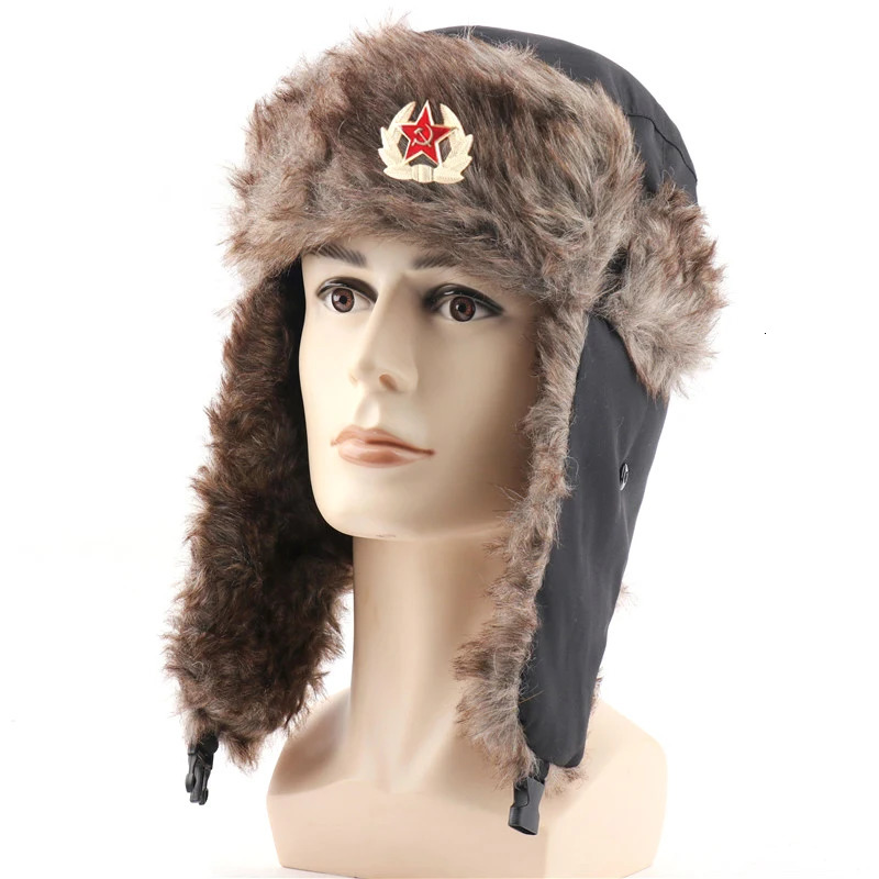 CAMOLAND Military Army Soviet Badge Winter Bomber Hat Women Men Russian Ushanka Faux Fur Earflap Caps Waterproof Snow Cap 251013