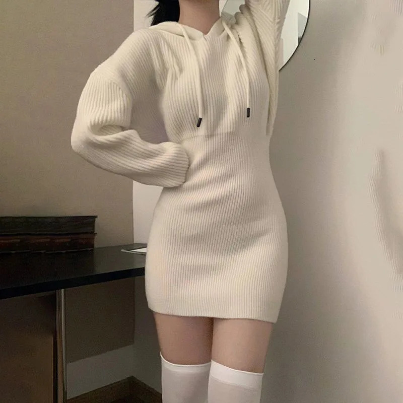 Sexy White Thicken Knit Mini Dress Woman Korean Elastic High Waist Bandage Dresses Women Hooded Outwear Long Sleeve Slim Dress 251029