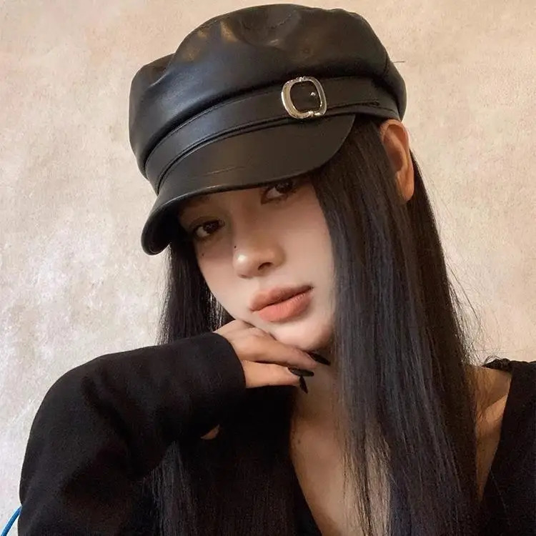 Fashion Women Berets Black Pu Leather Flat Top sboy Caps Vintage Sunscreen England Flat Y2k Gils Punk Style Beret Caps 251029